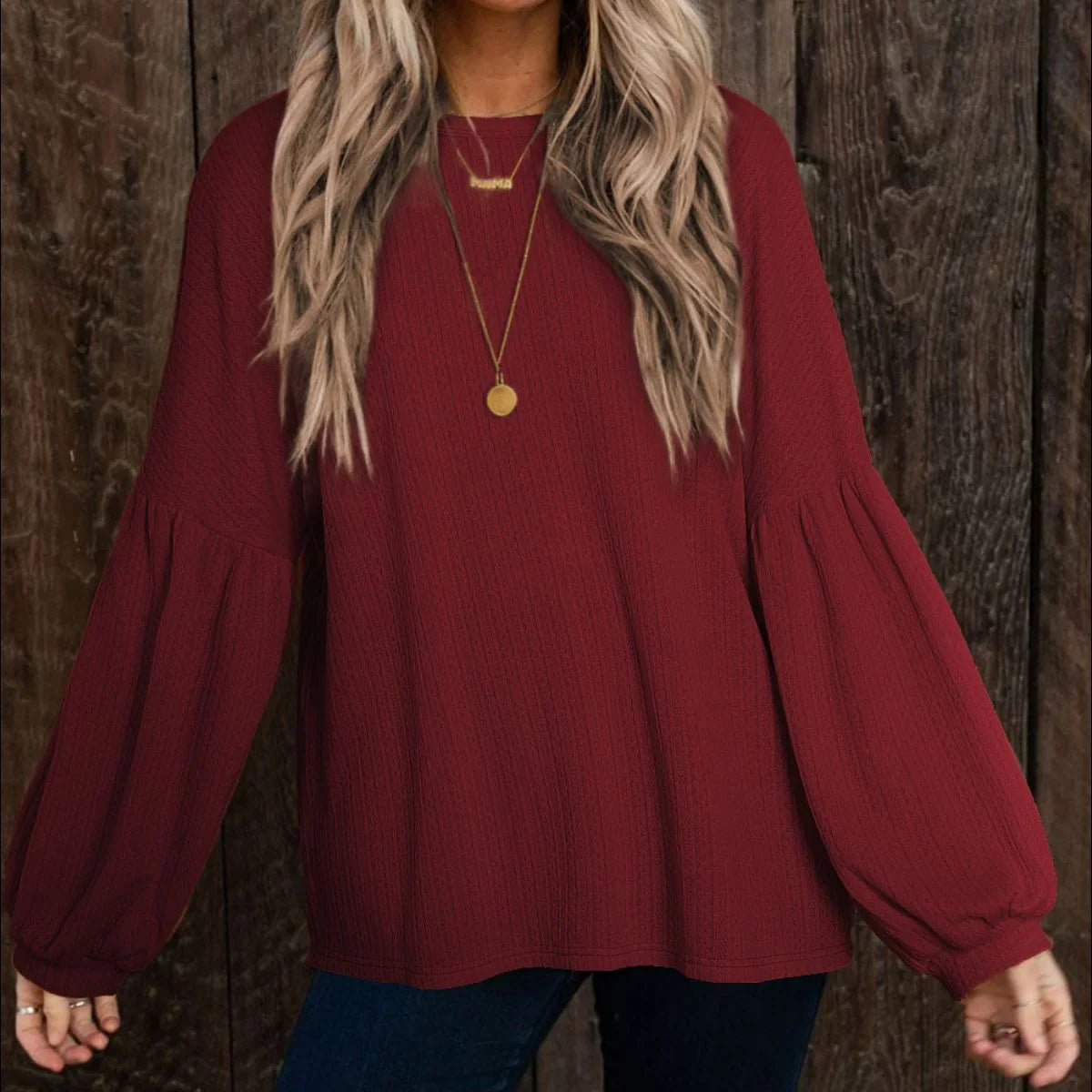 Round Neck Long Sleeve Ruched Blouse - VILLA FASHION